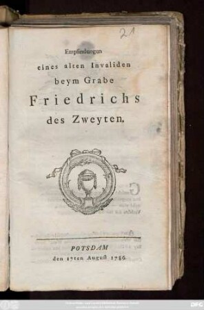 Empfindungen eines alten Invaliden beym Grabe Friedrichs des Zweyten