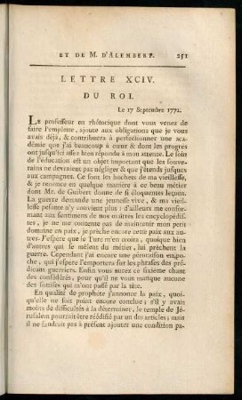 251-263, Lettre XCIV. du Roi. - Lettre XCVIII. de M. d'Alembert.