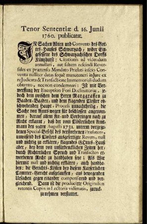 Tenor Sententiae d. 16. Junii 1760. publicatae.