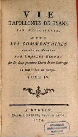 Vie D'Apollonius De Tyane, Tome IV.