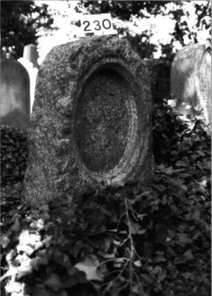 Grabstein 230 (Index: 100085041) Zustand: Schriftplatte entfernt Maße HxBxT: 115x65x28 cm Beschreibung: Stele, Rundbogenabschluß, Schriftplatte, oval: Grabstein 230