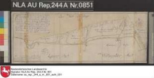 Der Verlauf des alten Deiches und der davor liegende neue Anwachs vor WERDUM und auf der Carolinengrode in der Nähe des Sielortes Carolinensiel Kolorierte Zeichnung von J. H. Magott Papier auf Leinen Format 52,5x19,0 M 1:14.480
