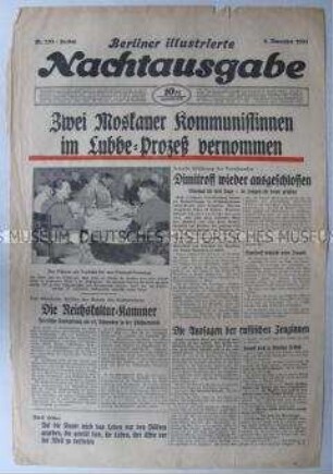 Titelblatt der Abendzeitung "Berliner illustrierte Nachtausgabe" u.a. zur Reichstagsbrandprozess