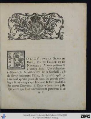 Édit Du Roi, Pour Confirmation Des Anoblis Dépuis 1715 [bricht ab].