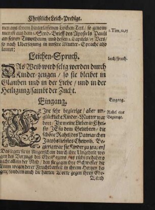 Leichen-Spruch. [...] aus dem 1. send-Brieff des Apostels pauli an seinem Timotheum/ und dessen 2. Capitels/ 15. Vers/ [...]