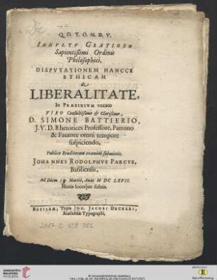 Dispvtationem Hancce Ethicam de Liberalitate