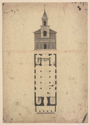 Frontansicht und Grundriss einer Kirche