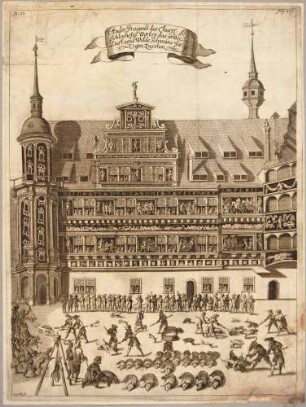 Die Lustjagd auf Wildschweine im Großen Schlosshof des Residenzschlosses in Dresden, 2. Ansicht aus der "Durchlauchtigsten Zusammenkunft" von 1680