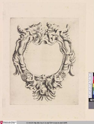 [Kartusche mit zwei Meerkindern mit Muschelhörnern; Cartouche met kwabornament, onderaan twee zeegoden]
