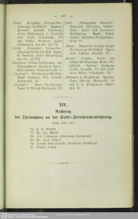 XIV. Nachtrag der theilnehmer an der Stadt-Fernsprecheinrichtung