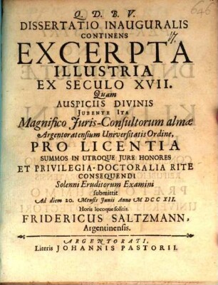 Dissertatio inauguralis continens excerpta illustria ex seculo XVII.