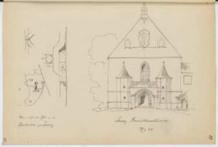 Liebfrauenkirche, Schwaz. Franziskanerkirche, Schwaz: Details Liebfrauenkirche, Ansicht Franziskanerkirche (aus: Skizzen- und Fotoalbum 13)