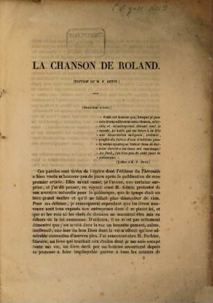 La Chanson de Roland : Edition de M. F. Genin ; [Kritik genannter Ausgabe]