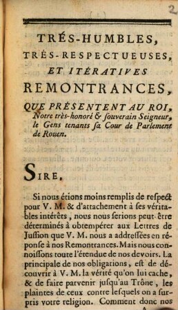 Remontrances que présentent au Roi ... les Gens tenants sa Cour de Parlement de Rouen