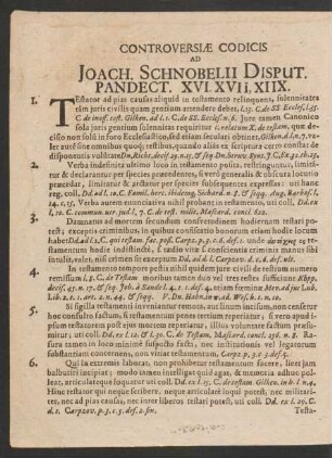 Controversiae Codicis Ad Joach. Schnobelii Disput. Pandect. XVI. XVII, XIIX.