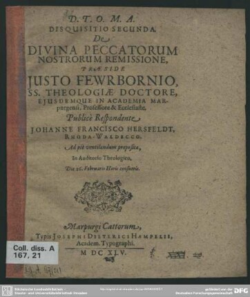 Disquisitio secunda de divina peccatorum nostrorum remissione