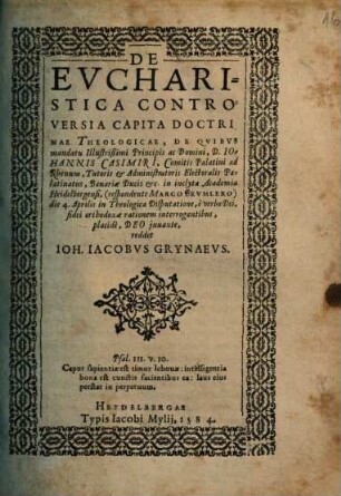 De Evcharistica Controversia Capita Doctrinae Theologicae