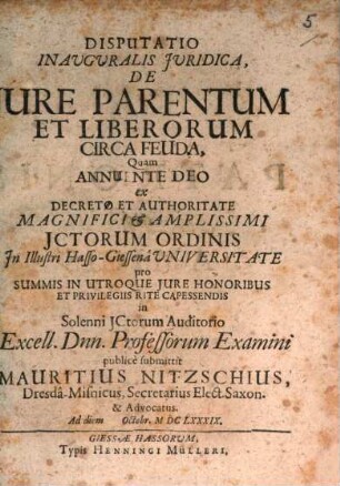 Disputatio Inavgvralis Jvridica, De Jure Parentum Et Liberorum Circa Feuda