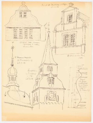 Schloss Weilburg, Weilburg. Kirchturm, Braubach. St. Werner, Oberwesel: Schloss: Giebel im inneren Schlosshof, Giebel Nordseite, Profil Brunnenbecken, Braubach: Kirchturm, Oberwesel: St.Werner, Dachreiter