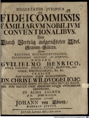 Diss. iur. de fideicommissis familiarum nobilium conventionalibus