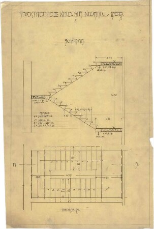 Billing, Hermann; Karlsruhe, Kriegsstr. 159 / Bunsenstr. 12; Doppelhaus L. Meess - Treppe 3. OG (Grundriss; Schnitt A-B)