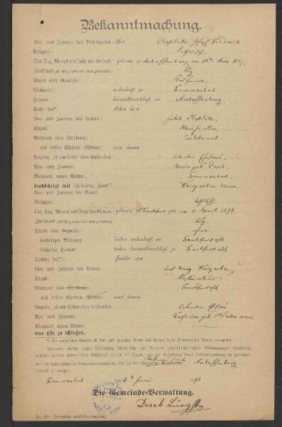 Ausstellung eines Verehelichungszeugnisses an den in Frammersbach
                     wohnenden Kaufmann Joseph Friedrich Koplitz - Verehelichung mit der
                     Restaurateuerstochter Anna, geb. Weisberger, aus Frankfurt / Main, 1898,
                     Verehelichung mit der Metzgermeisterstochter Amalie Katharina, geb.
                     Immerschitt, aus Aschaffenburg, 1902, Bürgerrechtsverleihung, 1902
