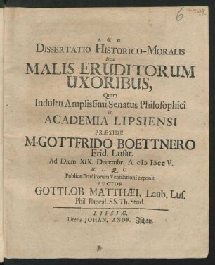 Dissertatio Historico-Moralis De Malis Eruditorum Uxoribus