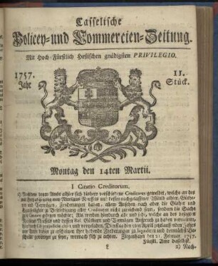11. Stueck, Montag den 14ten Martii 1757