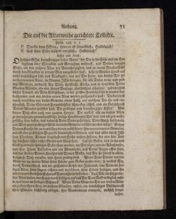 Die auf die Altarweihe gerichtete Collekte.