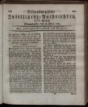 XIII. Stück. Sonnabends: den 26. Merz, 1785.