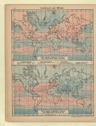Linien gleichen Luftdruckes (Isobaren) und vorherrschende Winde im Januar, Linien gleichen Luftdruckes (Isobaren) und vorherrschende Winde im Juli