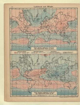 Linien gleichen Luftdruckes (Isobaren) und vorherrschende Winde im Januar, Linien gleichen Luftdruckes (Isobaren) und vorherrschende Winde im Juli