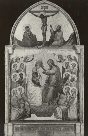 Krönung Marias mit Engeln und Heiligen und Kreuzigung Christi