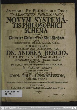 Commentatio Philosophica, Novum Systematis Philosophici Schema recludens ...
