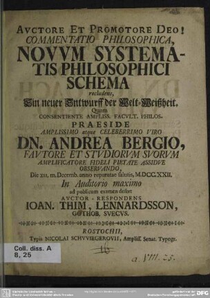 Commentatio Philosophica, Novum Systematis Philosophici Schema recludens ...