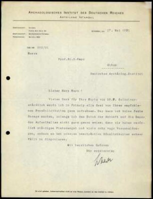 M. Schede an G. Karo