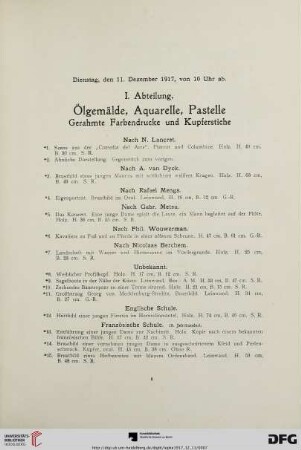 I. Abteilung: Ölgemälde, Aquarelle, Pastelle, gerahmte Farbendrucke und Kupferstiche (Nr. 1-200)
