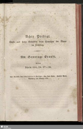 Achte Predigt. Ernste und frohe Gedanken beim Erwachen der Natur im Frühling