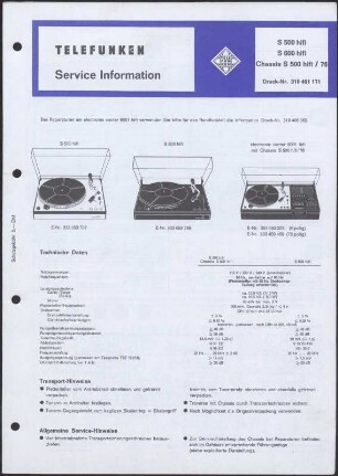 Bedienungsanleitung: Telefunken Service Information für Telefunken S 500 hifi, Telefunken S 600 hifi, Telefunken Chassis S 500 hifi / 76