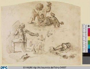 Studien eines Putto mit Hund und Vogel, eines schlafenden Putto und eines knienden Mannes
