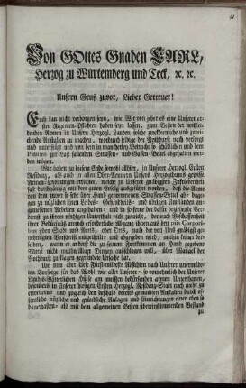 Von Gottes Gnaden Carl, Herzog zu Würtemberg und Teck ...