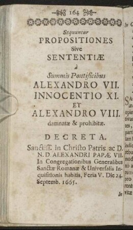 Sequuntur propositiones sive sententiæ à Summis Pontificibus Alexandro VII. Innocentio XI. et Alexandro VIII. damnatæ & prohibitæ.