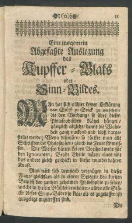 Eine insgemein Abgefaßte Auslegung des Kupffer-Blats oder Sinn-Bildes.