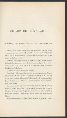 Crónica del centenario : Monumento á la asamblea de 1813 y al congreso de 1816