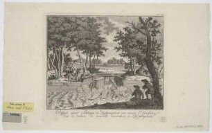 Ansicht der Schleuse rechterhand des zirkelförmigen Bassins im Schlossgarten von Ludwigslust, Radierung, 1782 : Tab. VIII. : Prospect einer Schleuse in Ludewigslust von neuer Erfindung = Vue de l'ecluse de nouvelle invention à Ludewigslust. - Berlin und Stettin : Friedrich Nicolai , [1782]. - 1 Ansicht