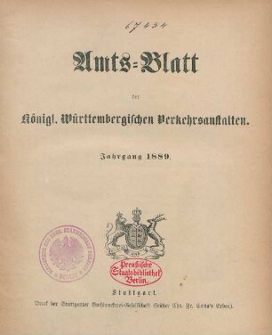 1889: Amtsblatt der Württembergischen Verkehrsanstalten