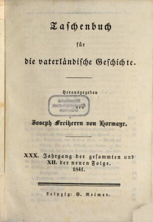 Taschenbuch für die vaterländische Geschichte. 1841