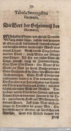 Tabula Smaragdina Hermetis. Die Wort der Geheimniß des Hermetis.