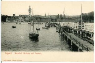 Zoppot. Warmbad, Kurhaus und Steg mit Segelbooten