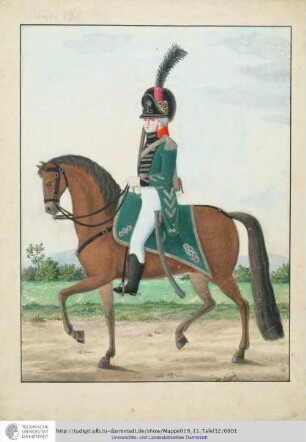 Abbildung Des Gros[s]herzoglich Hessischen Militair. [Tafel 32: Garde-Chevauleger-Regiment; Offizier des Regiments mit der weißen Paradehose]. S.l.e.a. [ca. 1813/14]